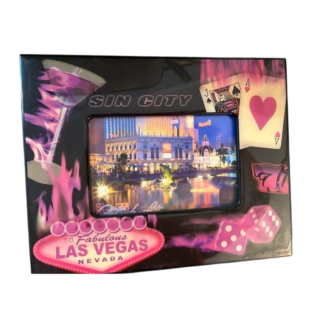Las Vegas Sin City Souvenir Picture Frame Pink Flames Dice Playing Cards 4x6